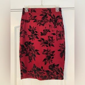Red burnout velvet floral print stretch pencil skirt size small